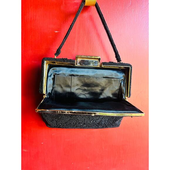 Vintage 70s/80s Black Beaded Embroidered Clutch Closure Beaded Handled Handbag - Picture 11 of 12